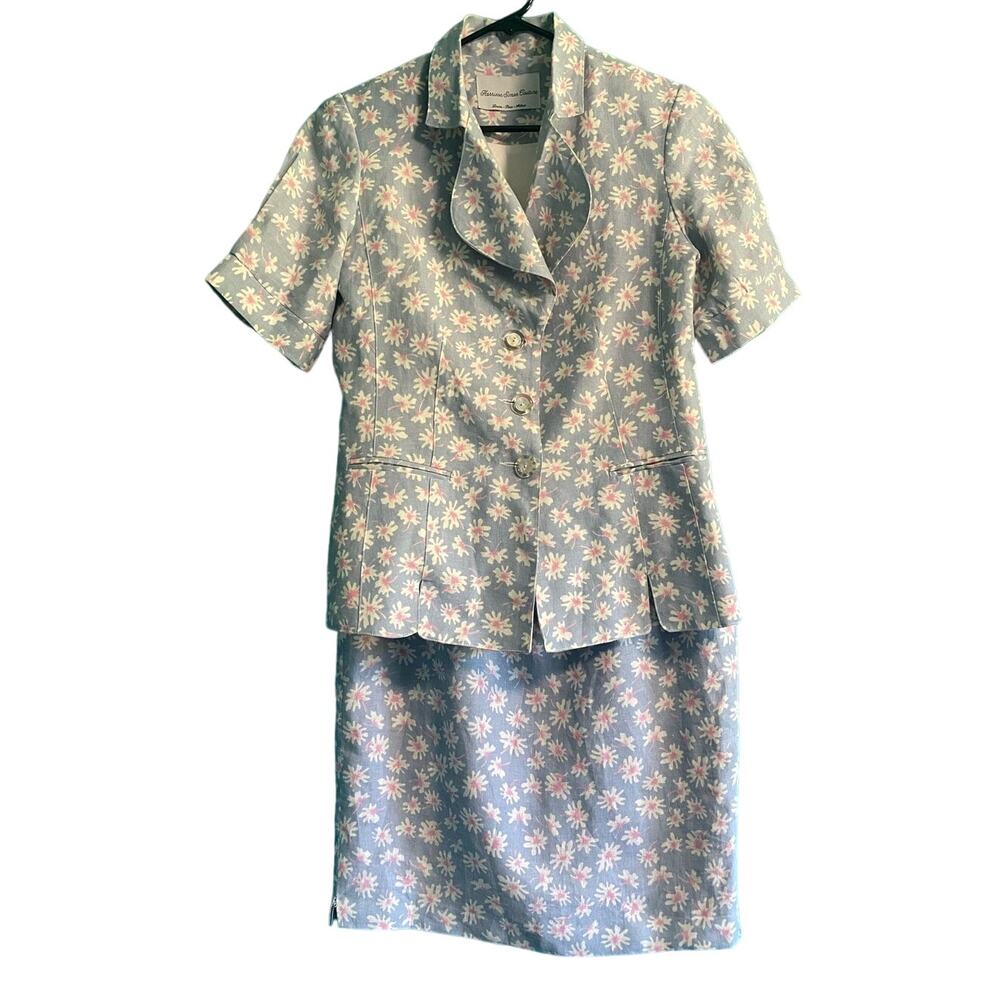 Harrison Simon Couture 100% Linen Floral Skirt Suit Set Women's 4